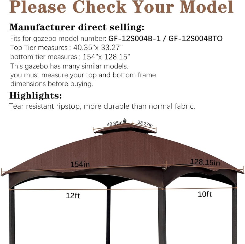 SCOCANOPY Brown Ripstop Replacement Top for Lowe's Allen Roth 10X12 Gazebo Model #GF-12S004B-1/ GF-12S004BTO - Image 2